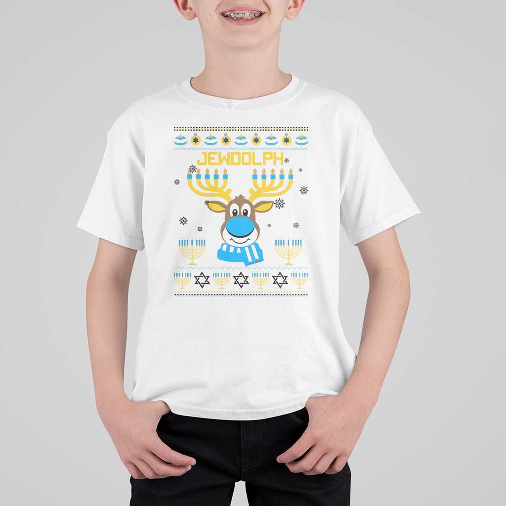 Funny Hanukkah T Shirt For Kid Jewdolph Jewish Reindeer Menorah - Wonder Print Shop