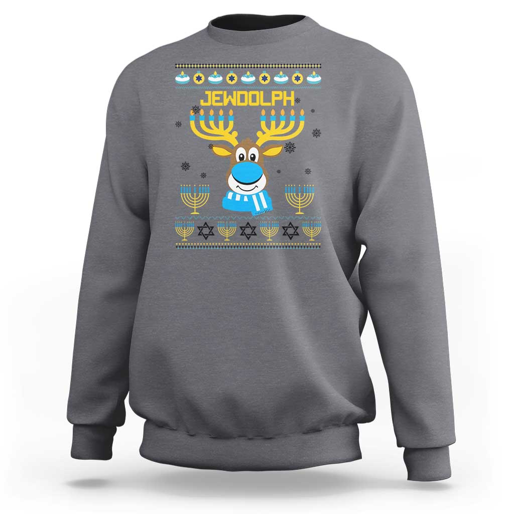 Funny Hanukkah Sweatshirt Jewdolph Jewish Reindeer Menorah - Wonder Print Shop