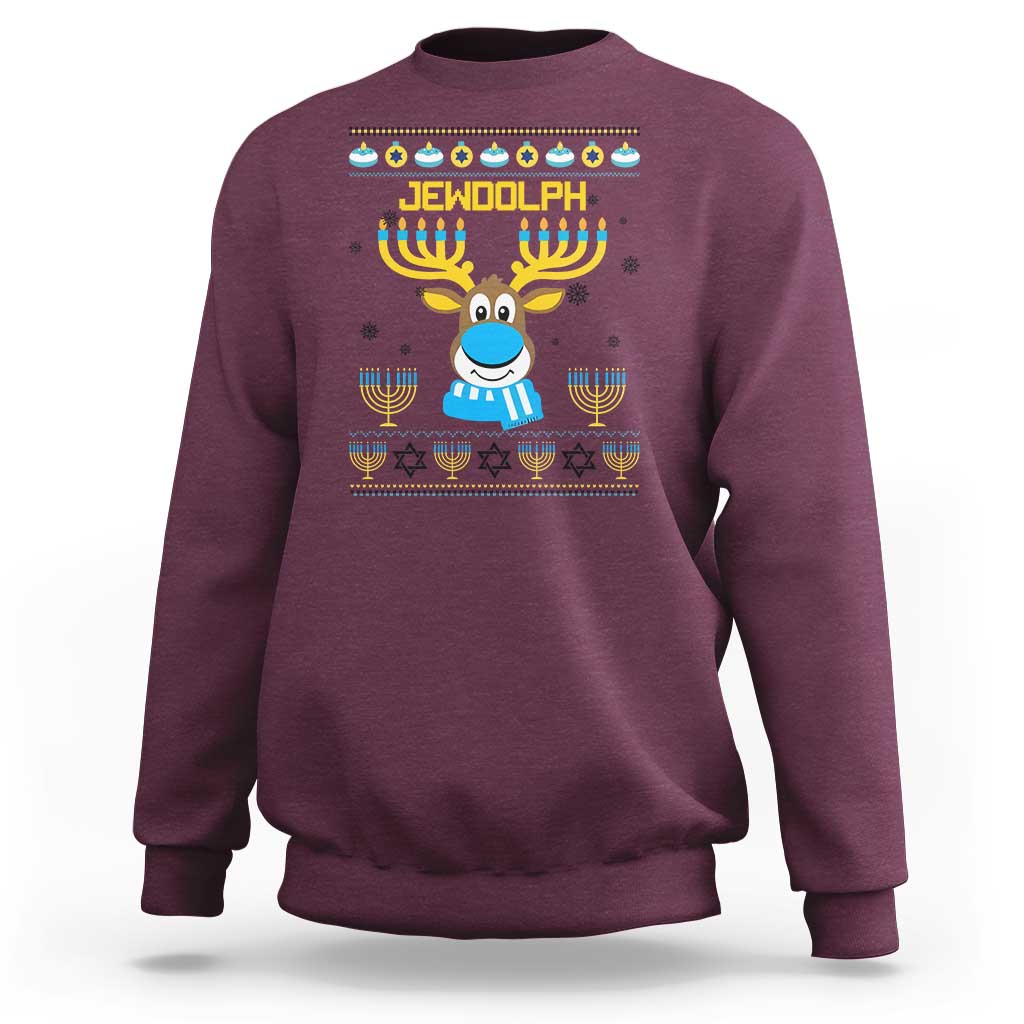 Funny Hanukkah Sweatshirt Jewdolph Jewish Reindeer Menorah - Wonder Print Shop
