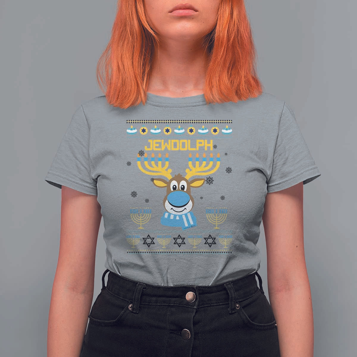 Funny Hanukkah T Shirt For Women Jewdolph Jewish Reindeer Menorah - Wonder Print Shop