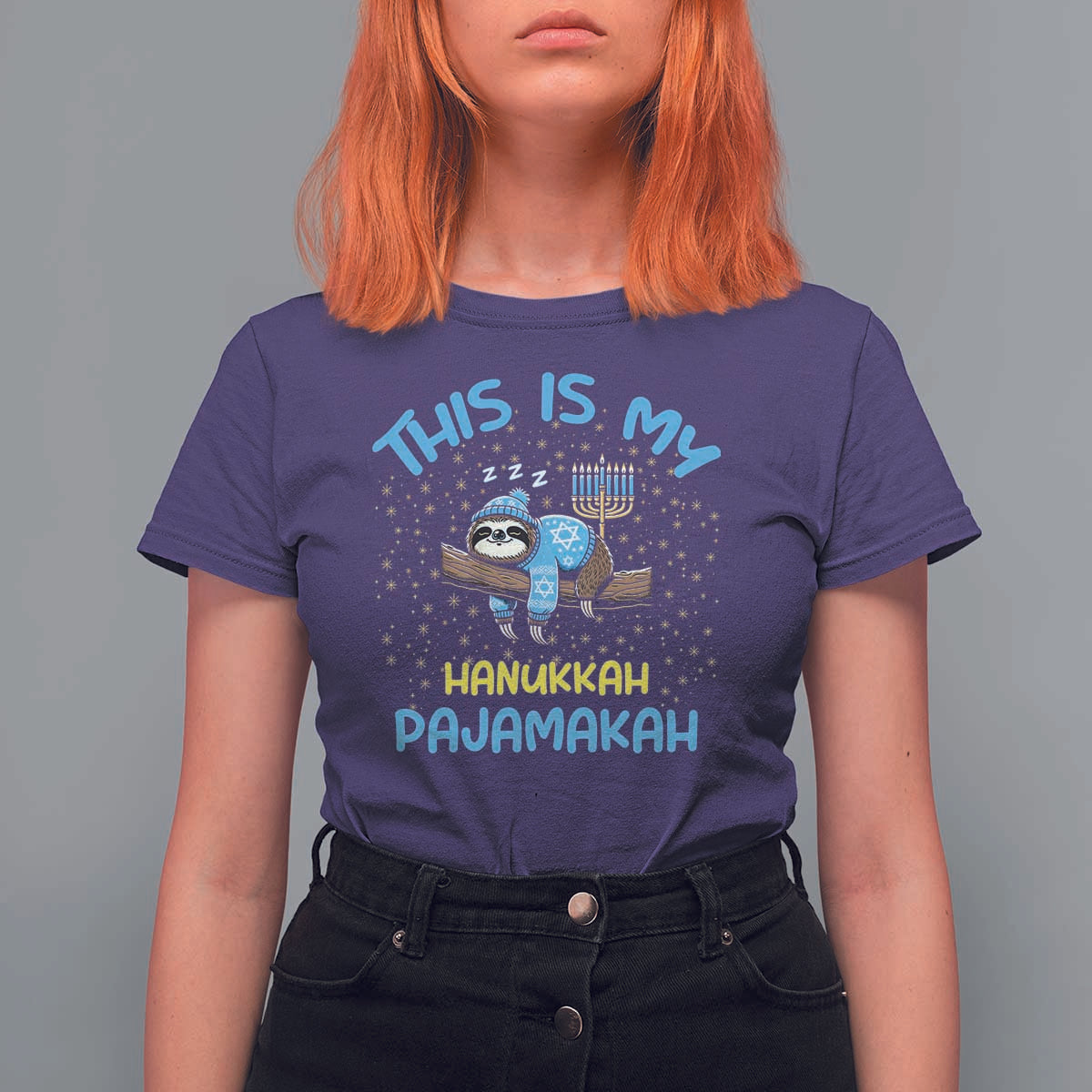 Funny This Is My Hanukkah Pajamakah T Shirt For Women Cute Jewish Sloth Chanukkah - Wonder Print Shop