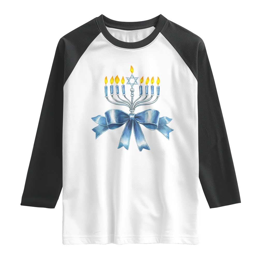 Hanukkah Menorah Jewish Coquette Bow Raglan Shirt