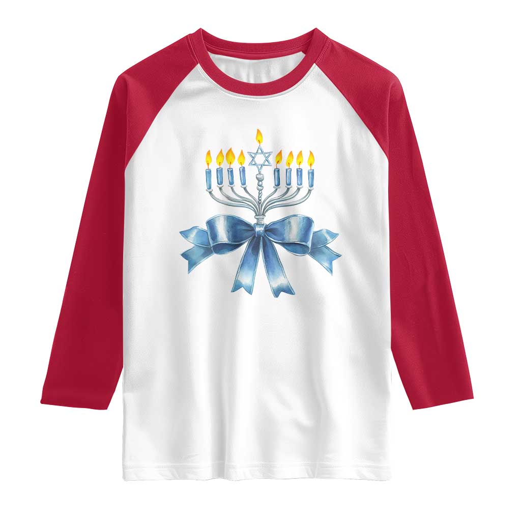 Hanukkah Menorah Jewish Coquette Bow Raglan Shirt