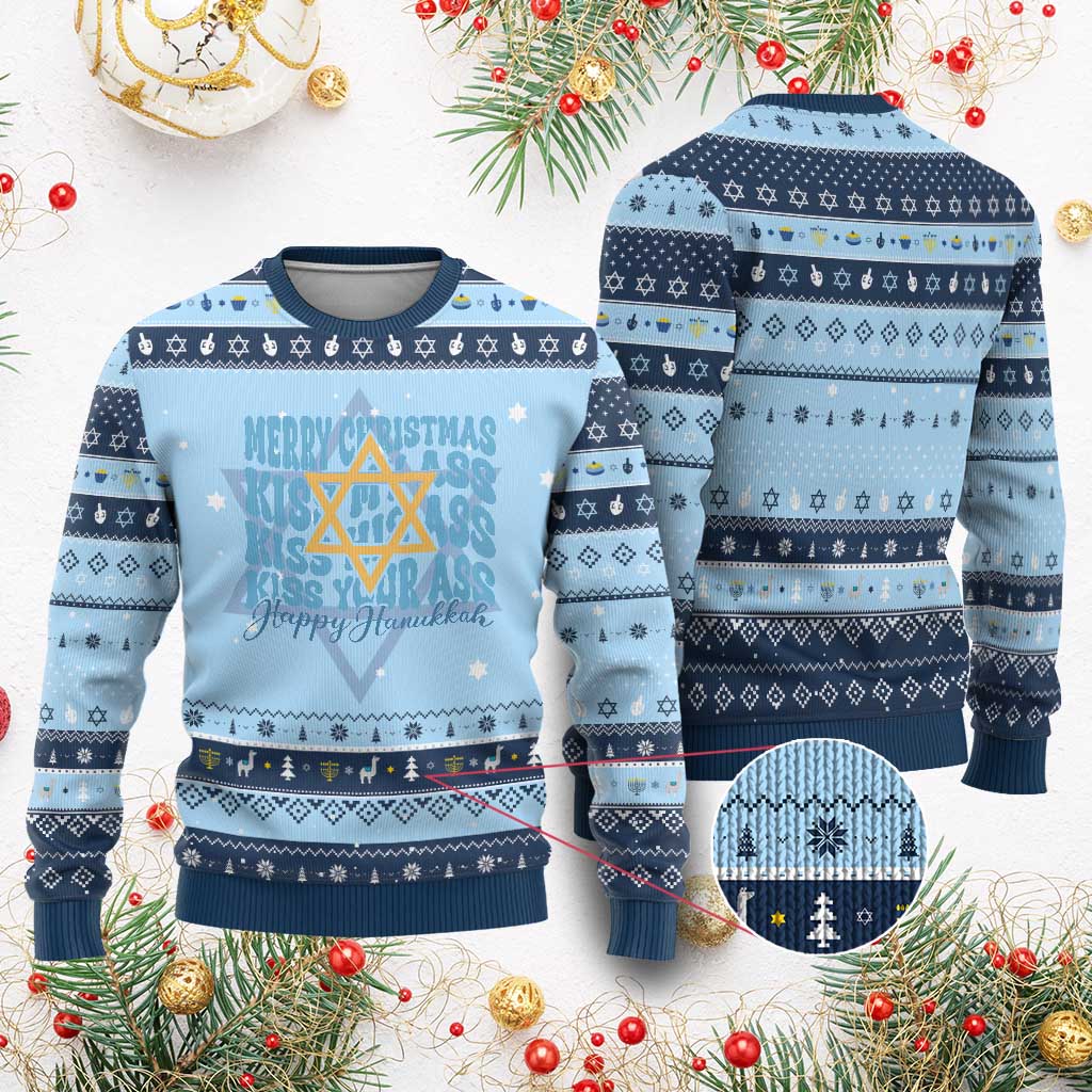 Funny Kiss My Ass Kiss His Ass Kiss Your Ass Hanukkah Ugly Sweater - Wonder Print Shop