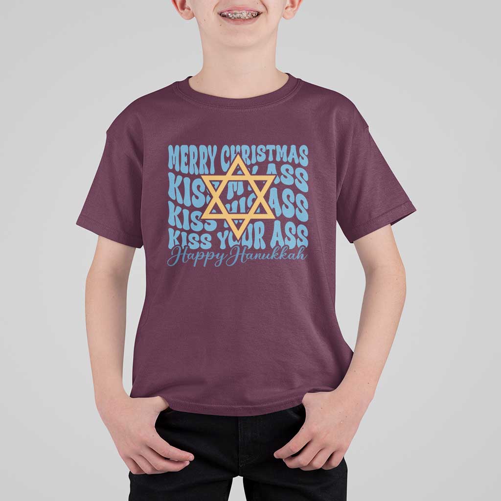 Funny Hanukkah T Shirt For Kid Kiss My Ass Kiss His Ass Kiss Your Ass - Wonder Print Shop