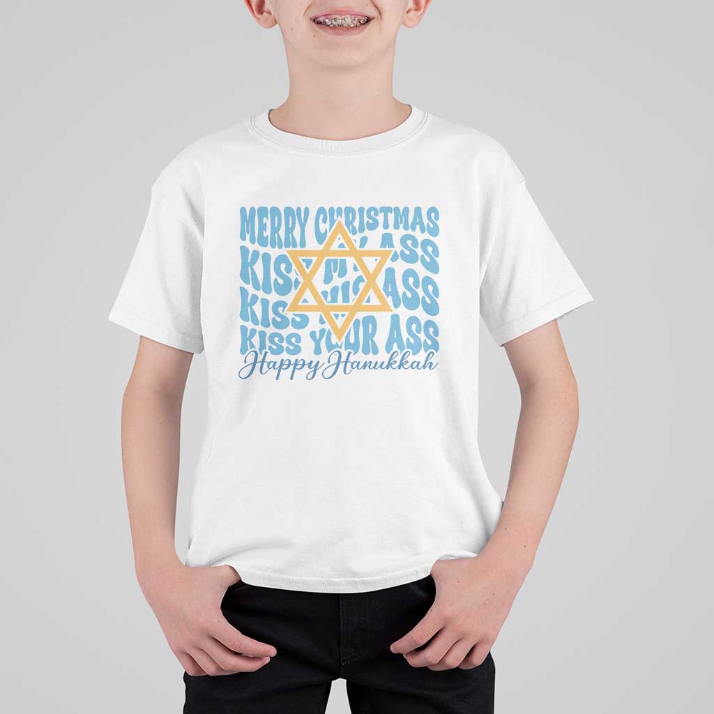 Funny Hanukkah T Shirt For Kid Kiss My Ass Kiss His Ass Kiss Your Ass - Wonder Print Shop