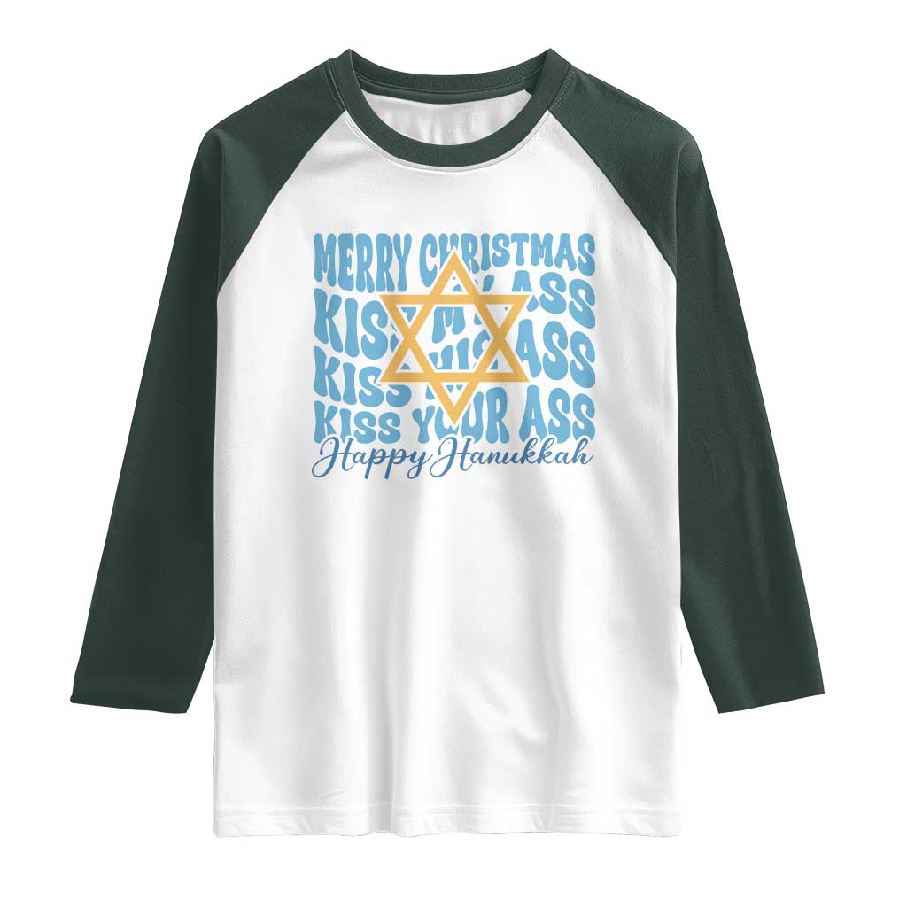 Funny Hanukkah Raglan Shirt Kiss My Ass Kiss His Ass Kiss Your Ass