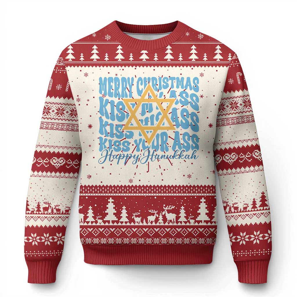 Funny Hanukkah Ugly Christmas Sweater Kiss My Ass Kiss His Ass Kiss Your Ass - Wonder Print Shop