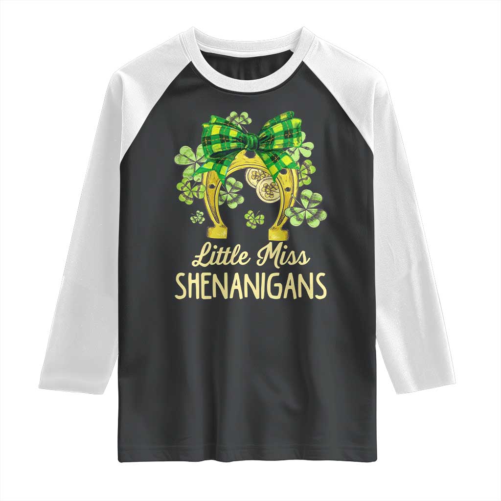 St Patrick's Day Raglan Shirt Little Miss Shenanigans Coquette Shamrocks