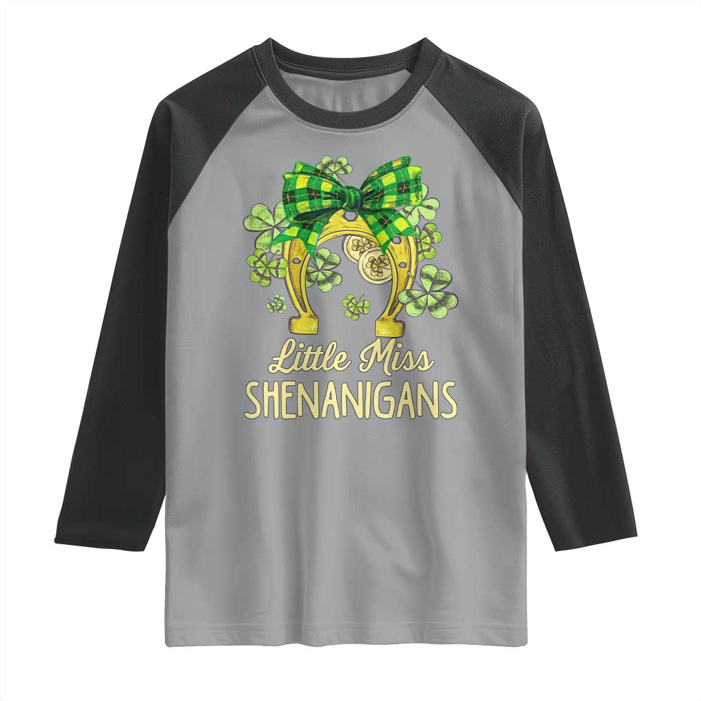 St Patrick's Day Raglan Shirt Little Miss Shenanigans Coquette Shamrocks