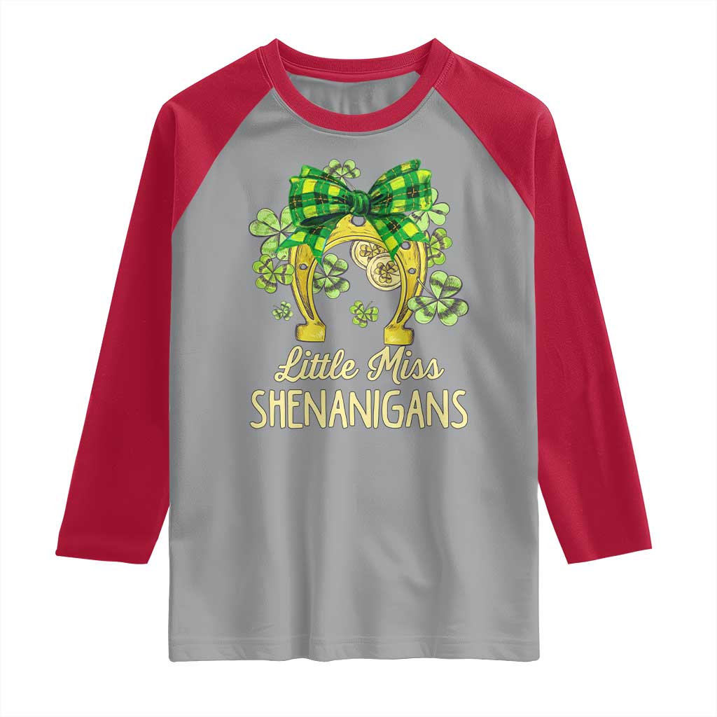 St Patrick's Day Raglan Shirt Little Miss Shenanigans Coquette Shamrocks