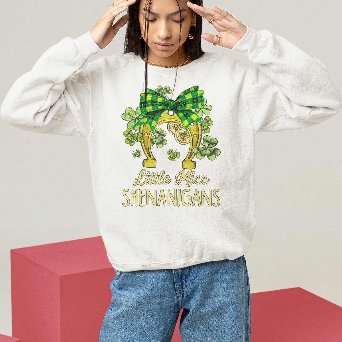 St. Patrick's Day Sweatshirt Little Miss Shenanigans Coquette Shamrocks - Wonder Print Shop