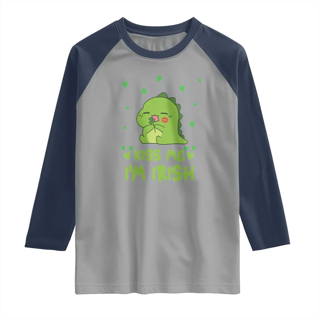 St Patrick's Day Raglan Shirt Kiss Me I'm Irish Cute Dinosaur