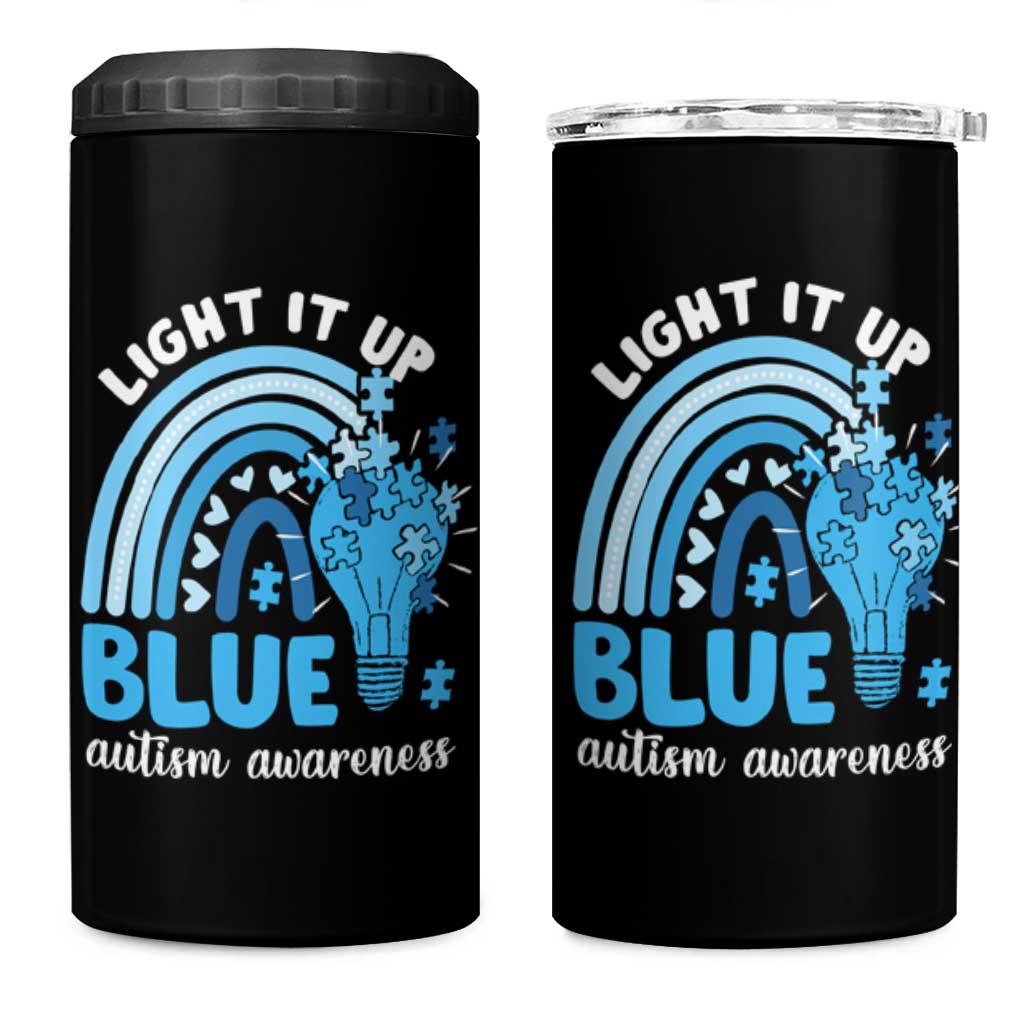 Autism Awareness 4 in 1 Can Cooler Tumbler Light It Up Blue Rainbow Puzzle Piece