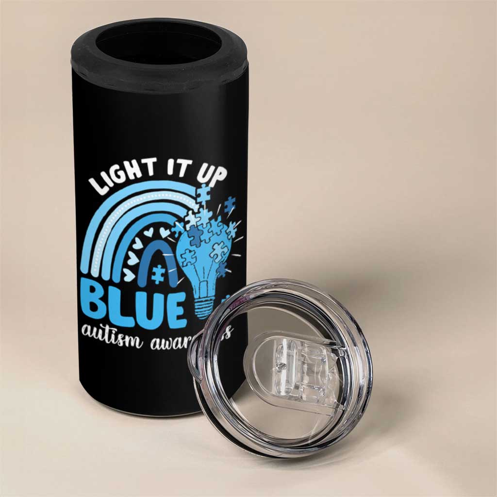 Autism Awareness 4 in 1 Can Cooler Tumbler Light It Up Blue Rainbow Puzzle Piece
