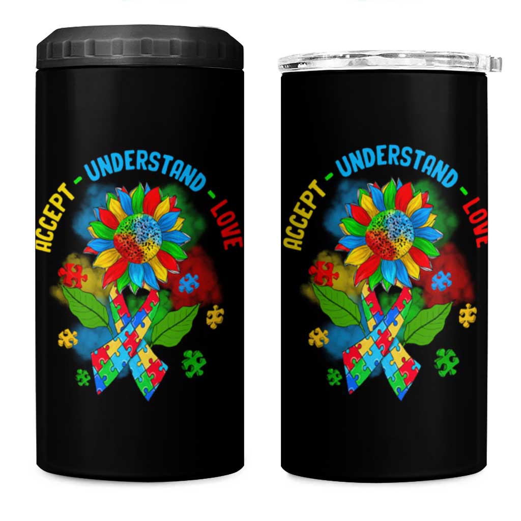 Autism Awareness 4 in 1 Can Cooler Tumbler Accept Understand Love Rainbow Puzzle Sunflower