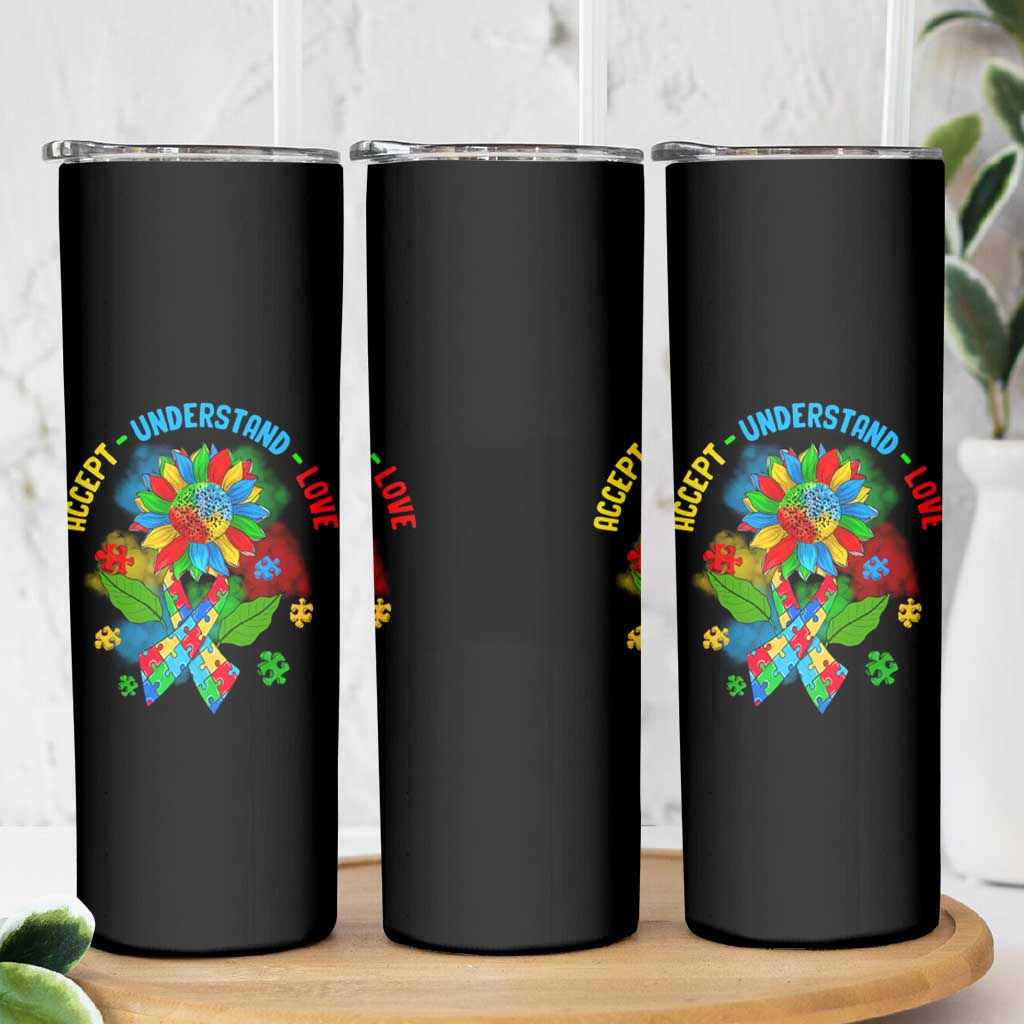 Autism Awareness Skinny Tumbler Accept Understand Love Rainbow Puzzle Sunflower