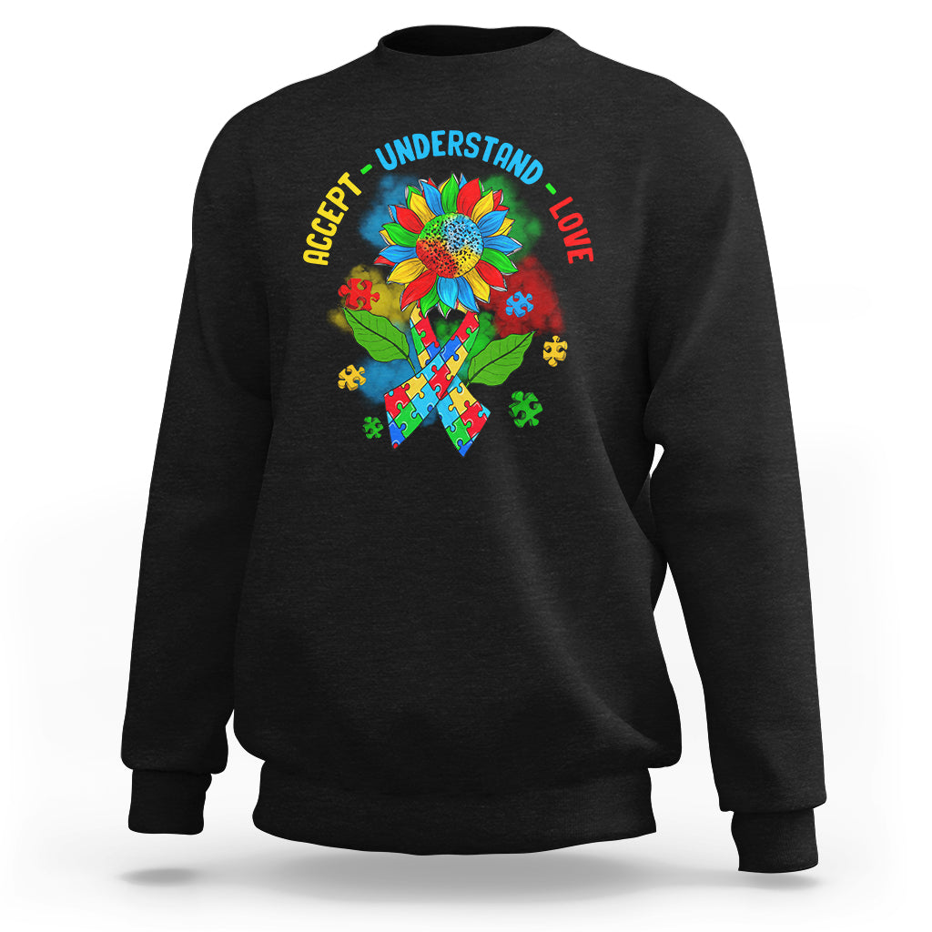 Autism Awareness Sweatshirt Accept Understand Love Rainbow Puzzle Sunflower - Wonder Print Shop