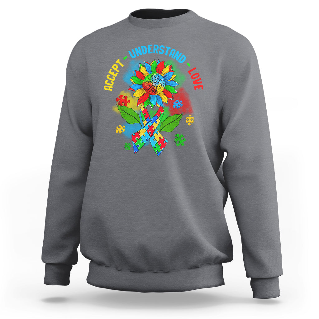 Autism Awareness Sweatshirt Accept Understand Love Rainbow Puzzle Sunflower - Wonder Print Shop