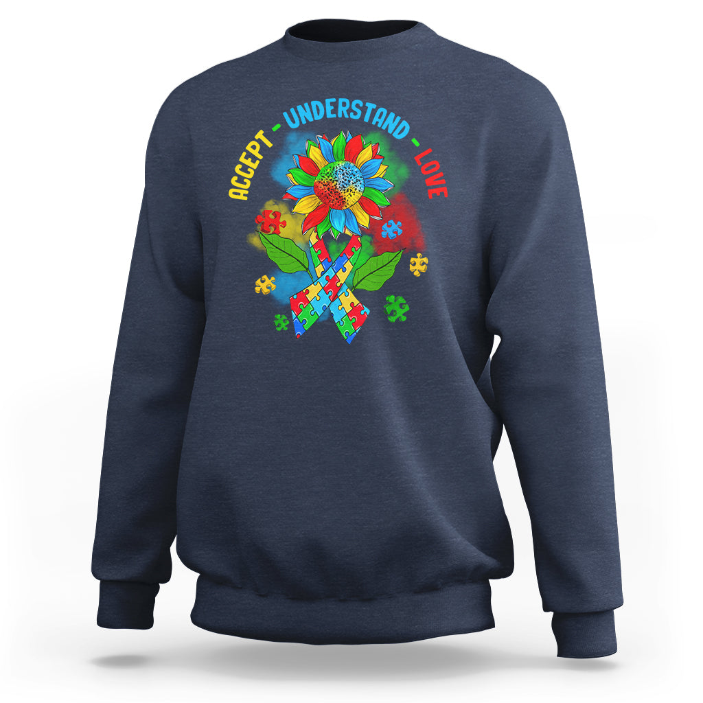 Autism Awareness Sweatshirt Accept Understand Love Rainbow Puzzle Sunflower - Wonder Print Shop