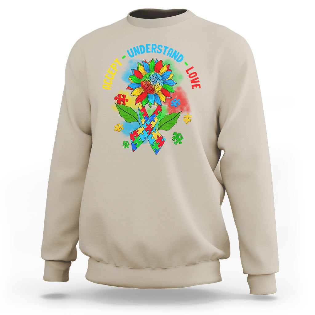 Autism Awareness Sweatshirt Accept Understand Love Rainbow Puzzle Sunflower - Wonder Print Shop