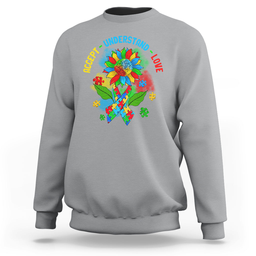 Autism Awareness Sweatshirt Accept Understand Love Rainbow Puzzle Sunflower - Wonder Print Shop