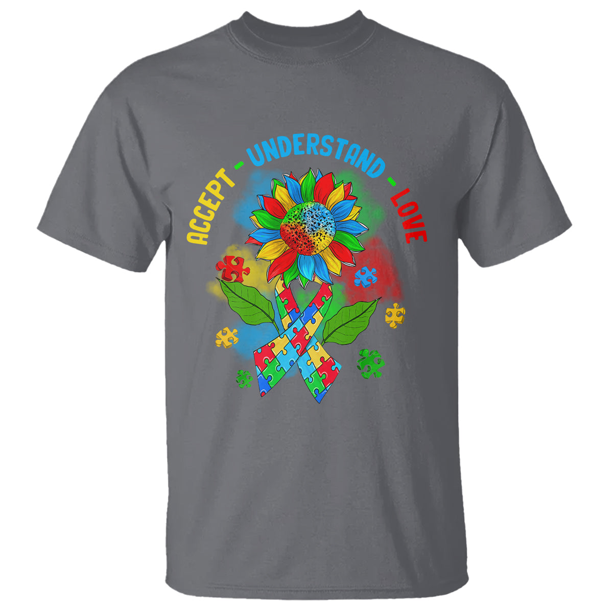Autism Awareness T Shirt Accept Understand Love Rainbow Puzzle Sunflower - Wonder Print Shop