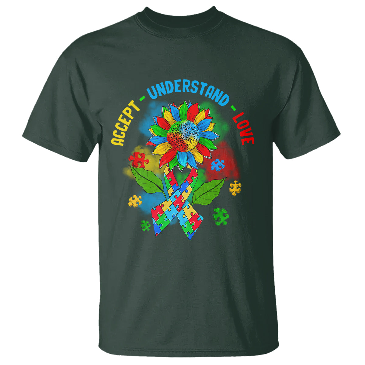 Autism Awareness T Shirt Accept Understand Love Rainbow Puzzle Sunflower - Wonder Print Shop