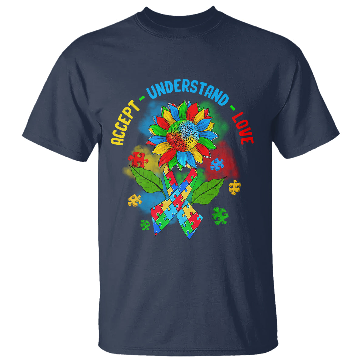 Autism Awareness T Shirt Accept Understand Love Rainbow Puzzle Sunflower - Wonder Print Shop