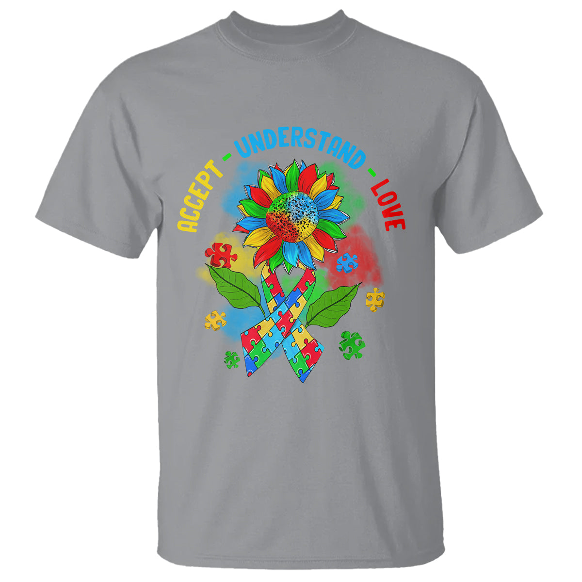Autism Awareness T Shirt Accept Understand Love Rainbow Puzzle Sunflower - Wonder Print Shop