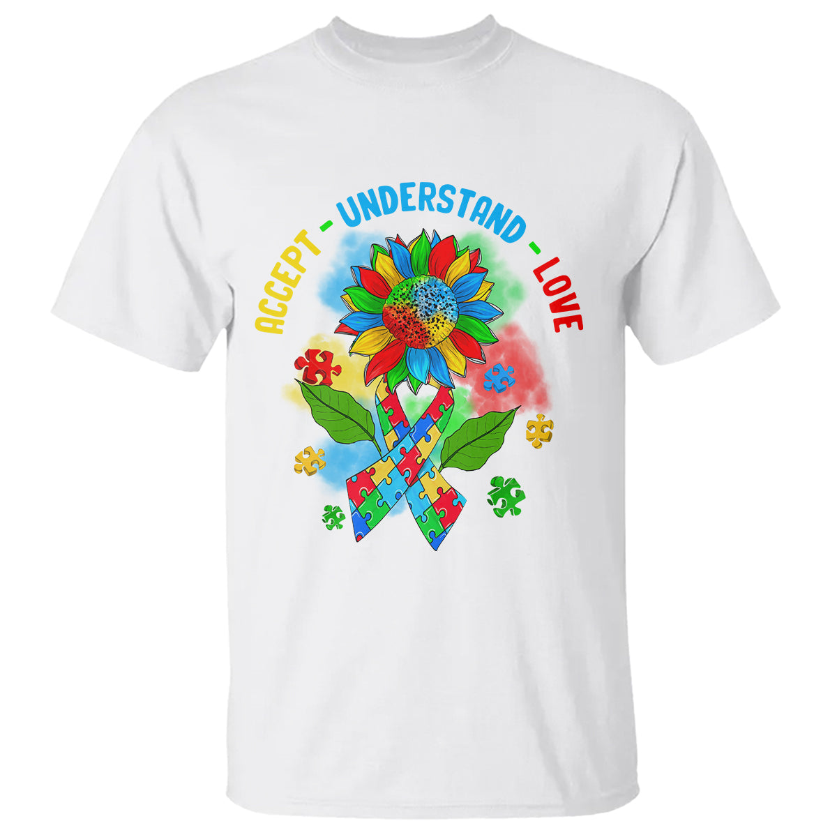 Autism Awareness T Shirt Accept Understand Love Rainbow Puzzle Sunflower - Wonder Print Shop