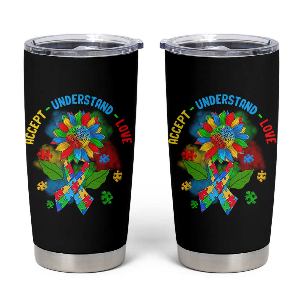 Autism Awareness Tumbler Cup Accept Understand Love Rainbow Puzzle Sunflower