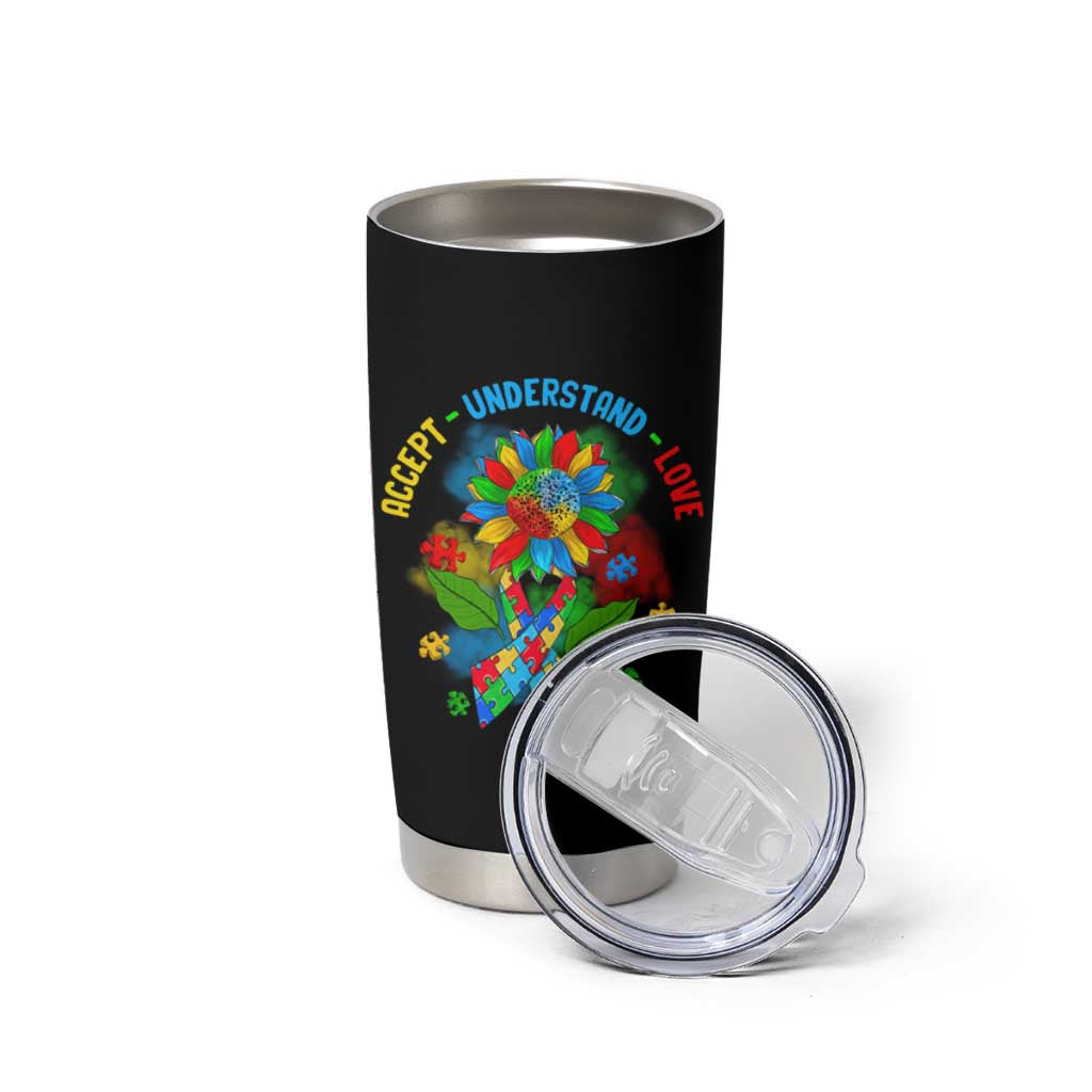Autism Awareness Tumbler Cup Accept Understand Love Rainbow Puzzle Sunflower