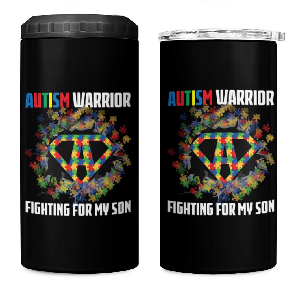 Autism Warrior Fighting For My Son Mom Dad Parents 4 in 1 Can Cooler Tumbler