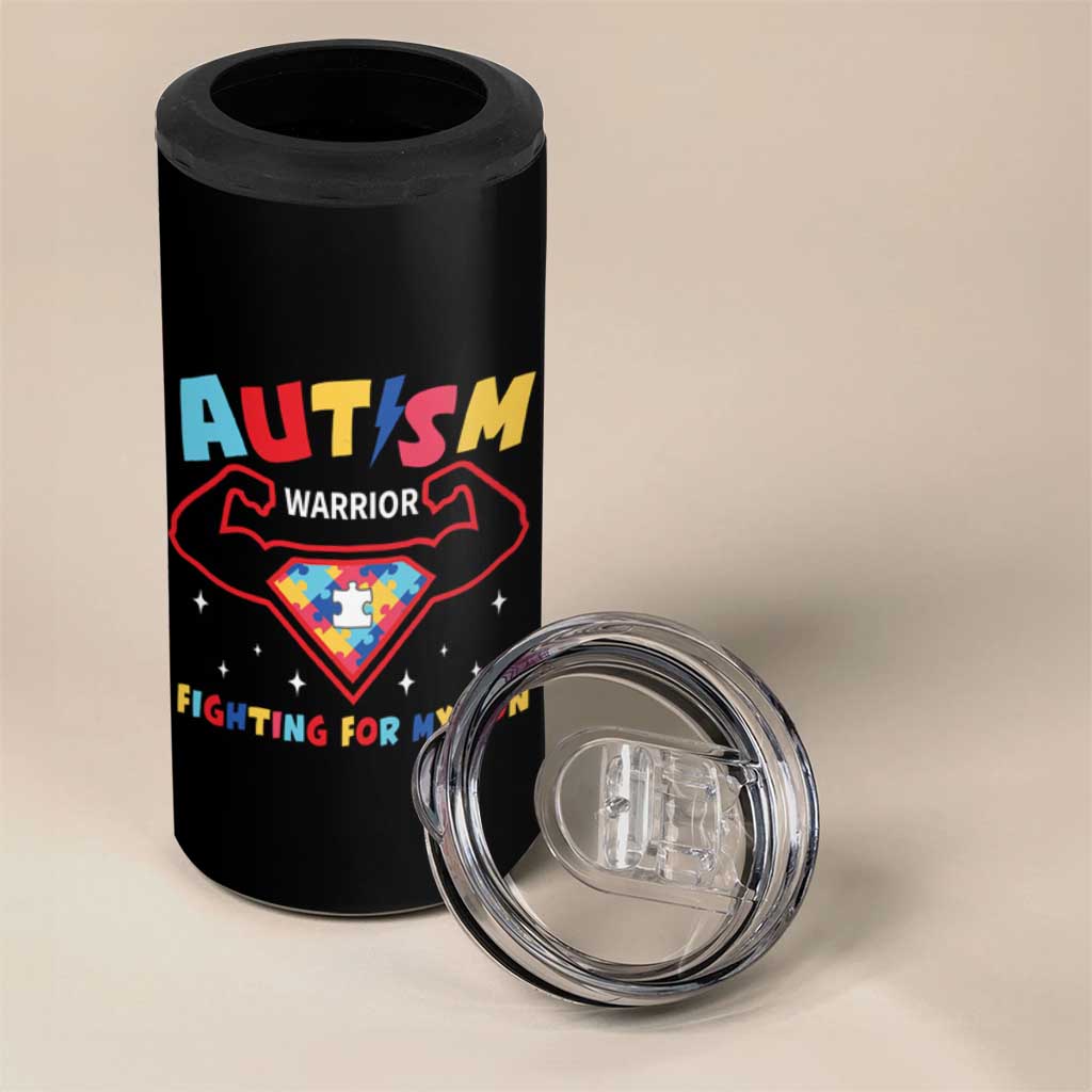 Autism Warrior Superhero Fighting For My Son Mom Dad Parents 4 in 1 Can Cooler Tumbler