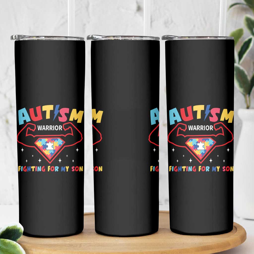 Autism Warrior Superhero Fighting For My Son Mom Dad Parents Skinny Tumbler