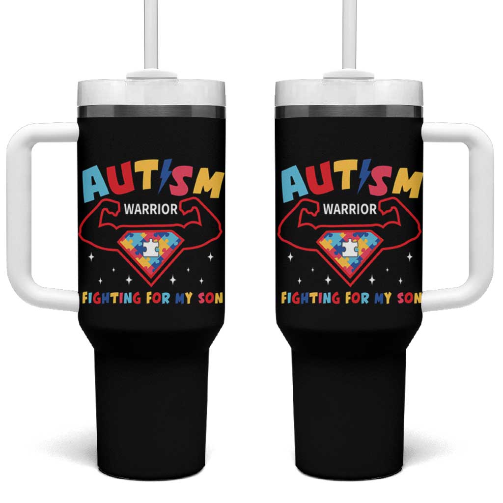 Autism Warrior Superhero Fighting For My Son Mom Dad Parents Tumbler With Handle