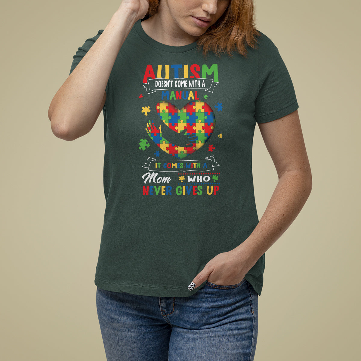 Autism Awareness T Shirt For Women Autistic Comes With A Mom Who Never Gives Up - Wonder Print Shop