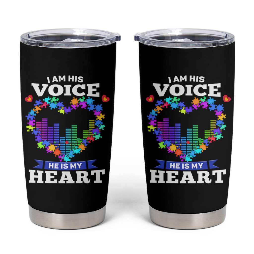Autism Awareness Tumbler Cup I Am His Voice He Is My Heart Mom Dad Parents Support