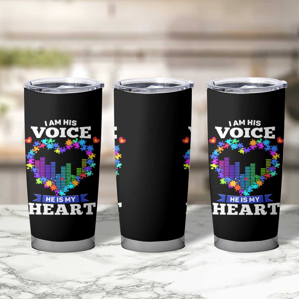 Autism Awareness Tumbler Cup I Am His Voice He Is My Heart Mom Dad Parents Support