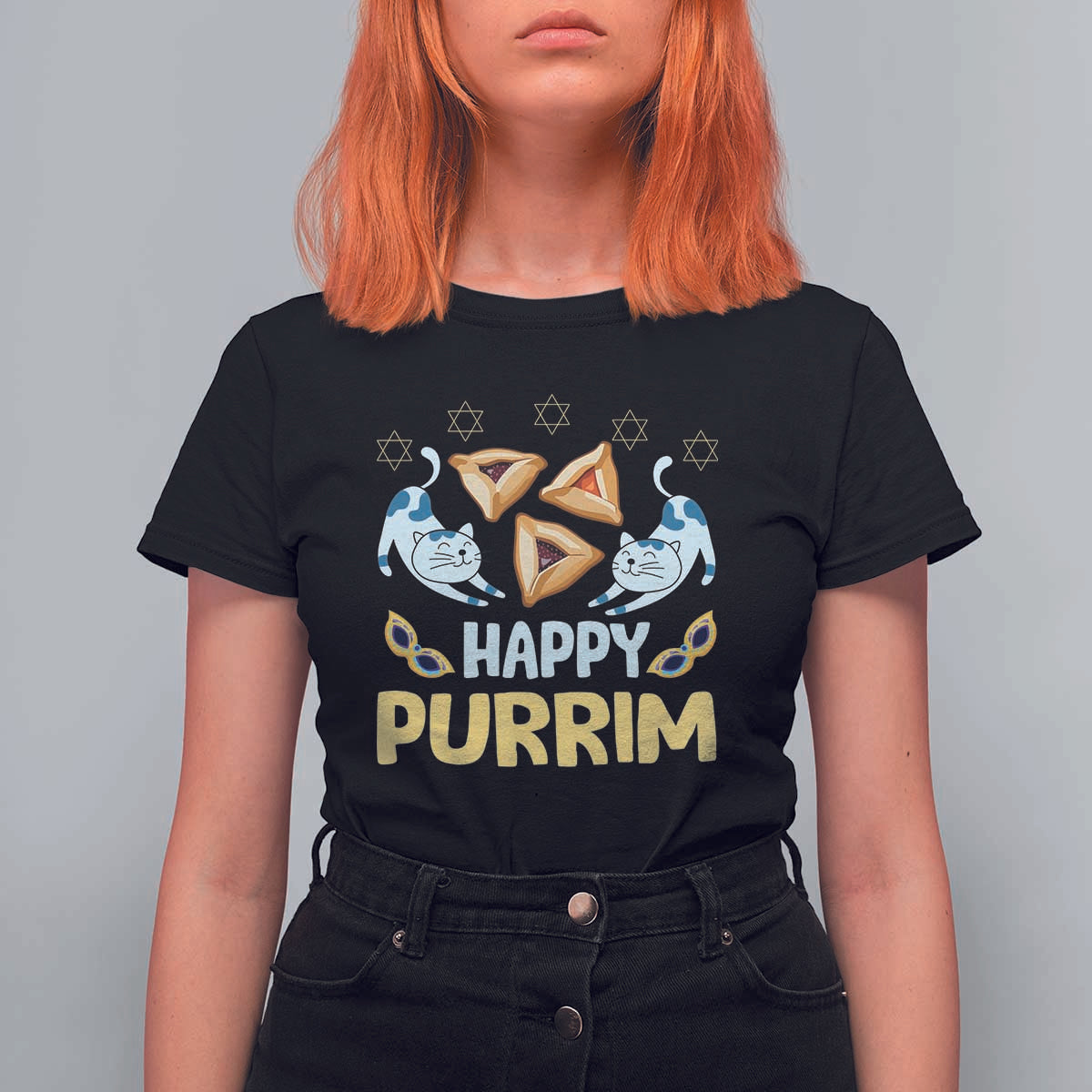 Purim Cat T Shirt For Women Happy Purrim Hamantash Jewish Star of David