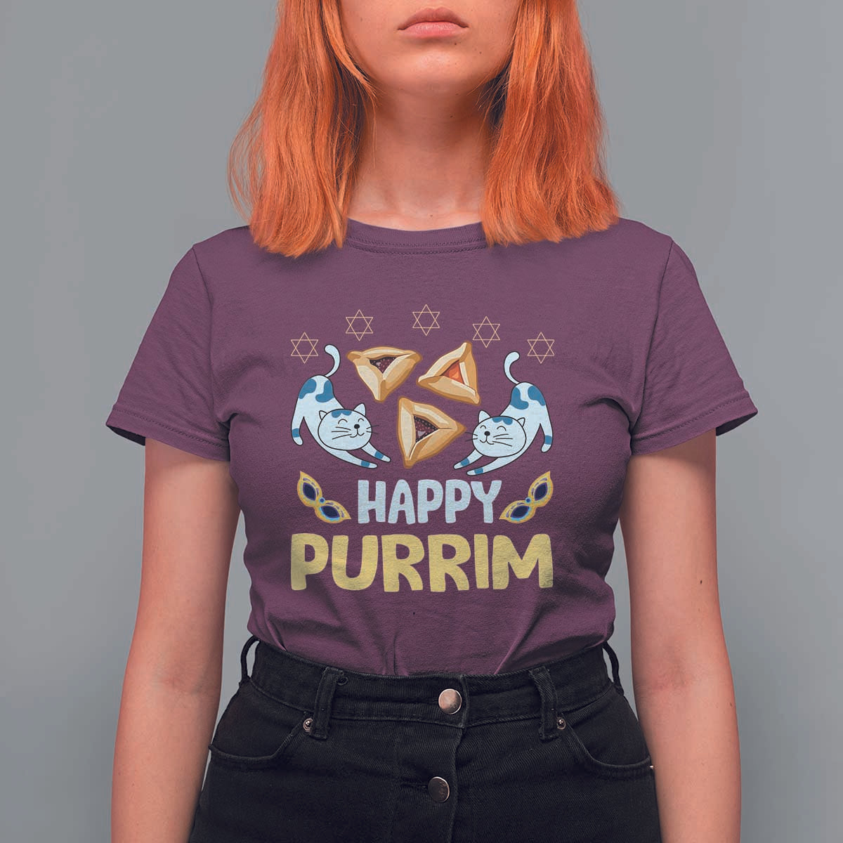 Purim Cat T Shirt For Women Happy Purrim Hamantash Jewish Star of David