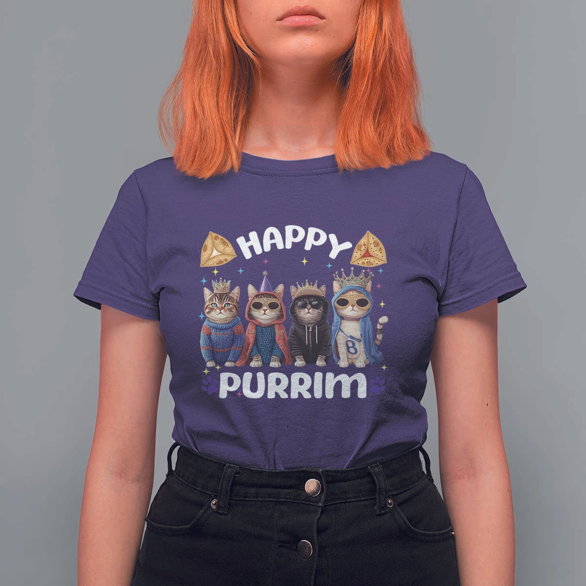 Purim Cat T Shirt For Women Happy Purrim Hamantash Cute Cat Costume