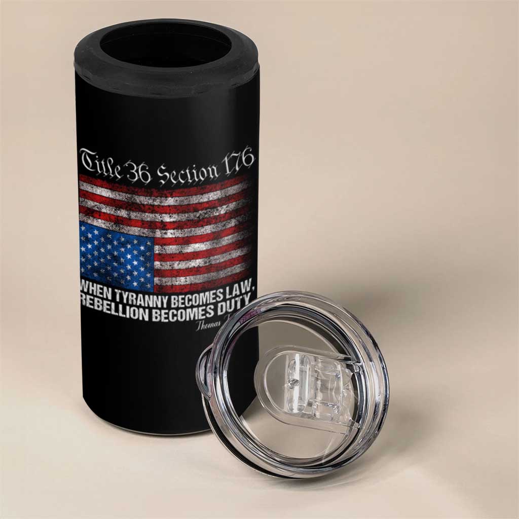 American Flag Upside Down Thomas Jefferson 4 in 1 Can Cooler Tumbler When Tyranny Becomes Law Rebellion Becomes Duty