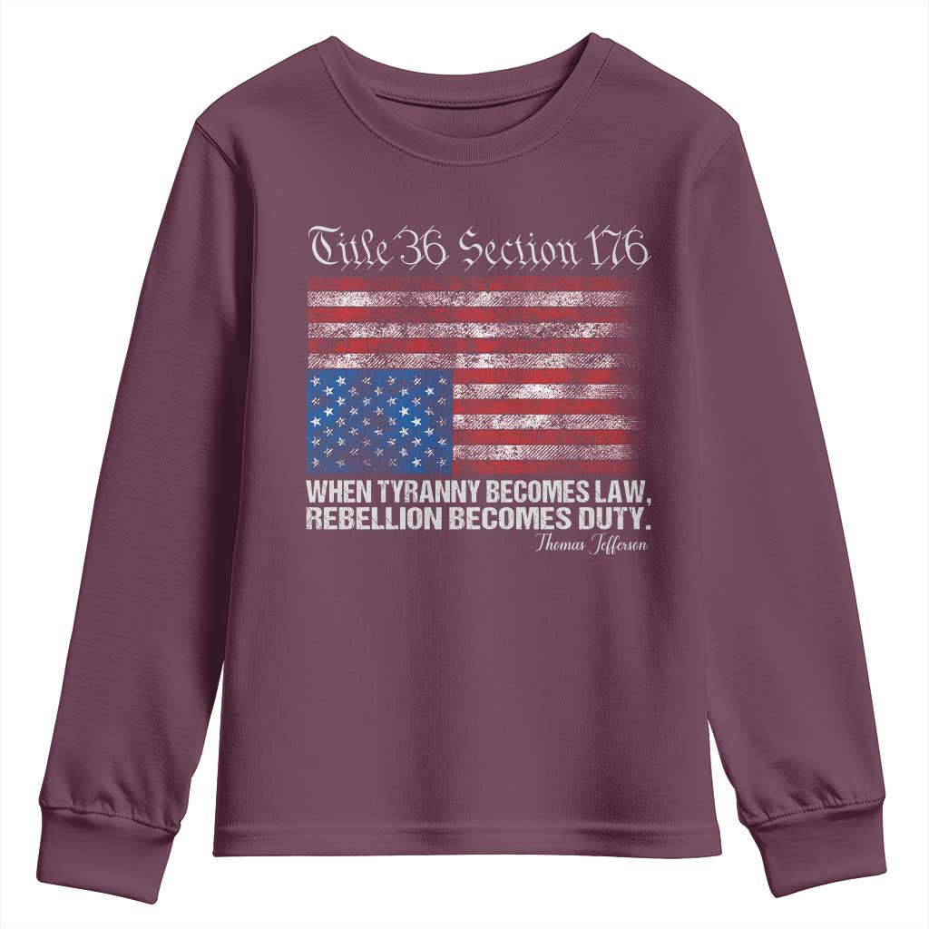 American Flag Upside Down Thomas Jefferson Youth Sweatshirt When Tyranny Becomes Law Rebellion Becomes Duty