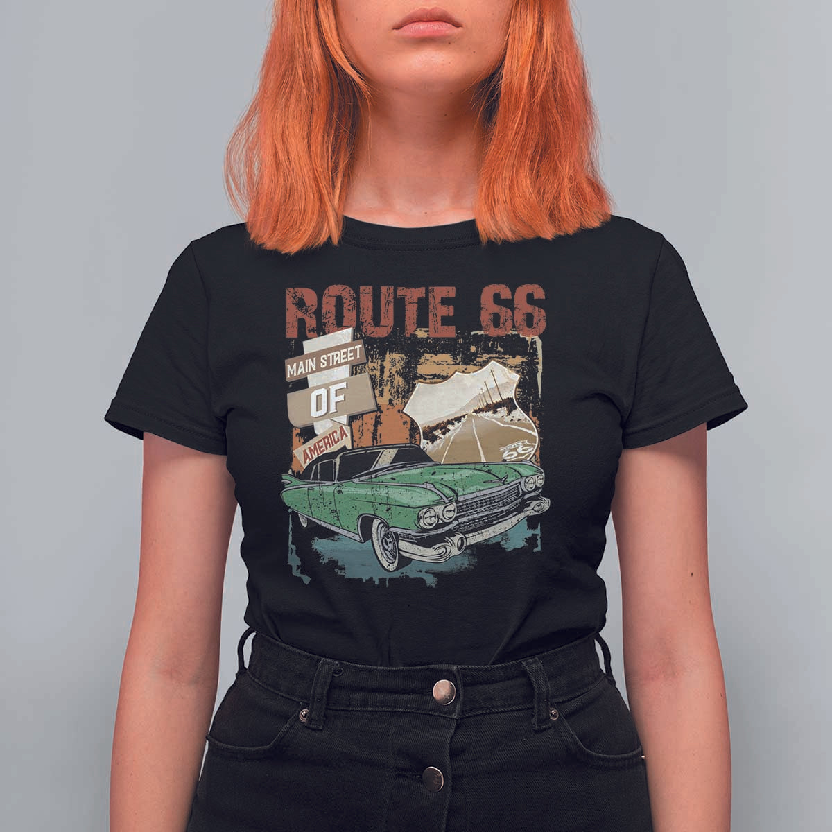Historic Route 66 Highway T Shirt For Women Main Street Of America Vintage Car