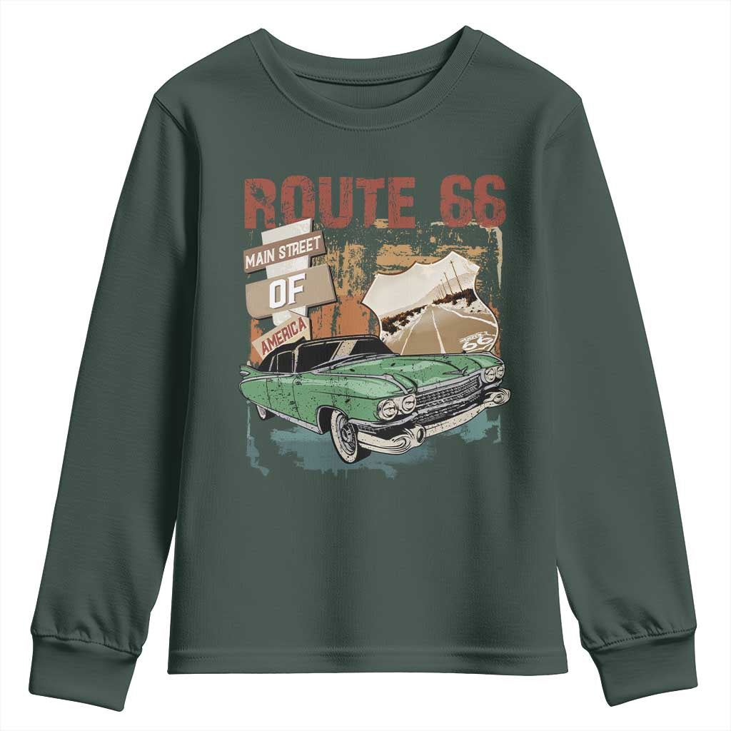Historic Route 66 Highway Youth Sweatshirt Main Street Of America Vintage Car