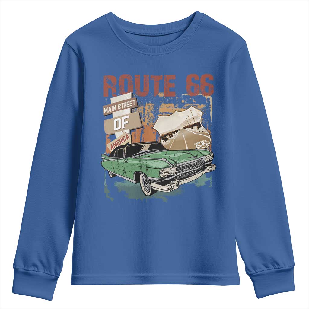 Historic Route 66 Highway Youth Sweatshirt Main Street Of America Vintage Car