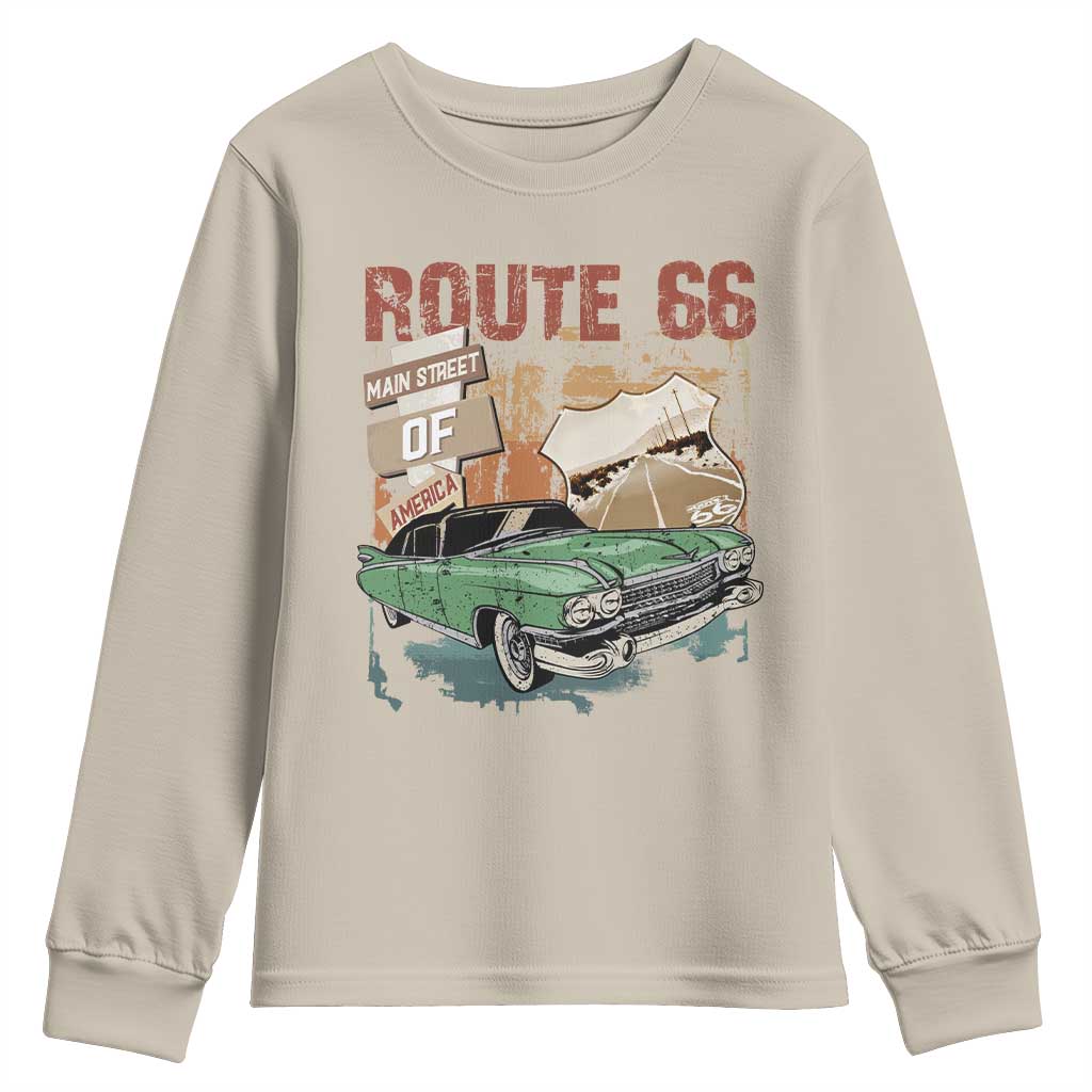 Historic Route 66 Highway Youth Sweatshirt Main Street Of America Vintage Car