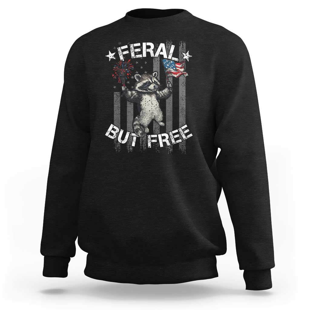 Funny 4th Of July Sweatshirt Feral But Free Raccoon American Flag - Wonder Print Shop